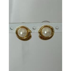 Cute Gold Tone Faux Pearl Post Earrings